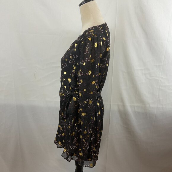 Sage The Label Mini Dress S Black Gold Purple Print Crossover Neck - Picture 6 of 10